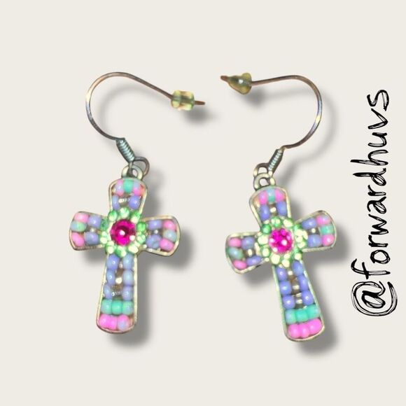Bundle Sale 3 for $15 | Handcrafted Pastel Multi-Color Cross Earrings - Picture 1 of 7